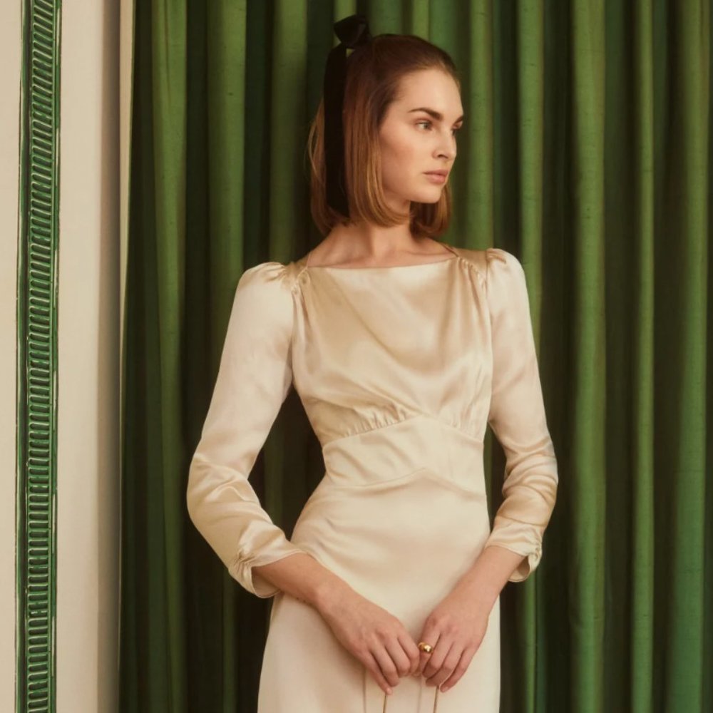 NWT Reformation Arklow Silk Dress Size 8, Almond